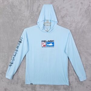 Pelagic AquaTek Hoodie Shirt Mens Medium Blue UPF 50 Performance Fishing Sun